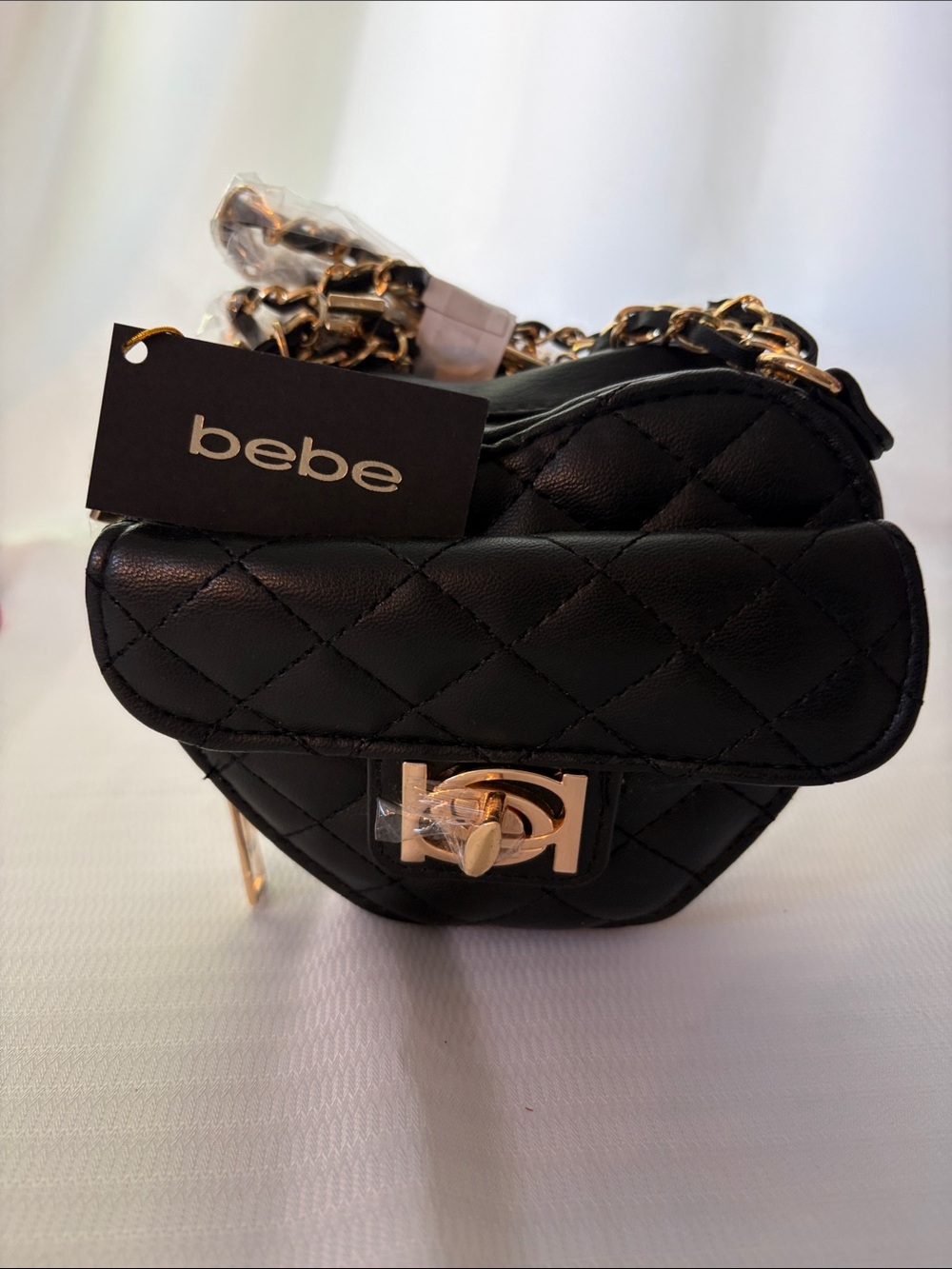 Bebe Black Quilted Heart Crossbody Bag with Gold NWT 6”x 4”